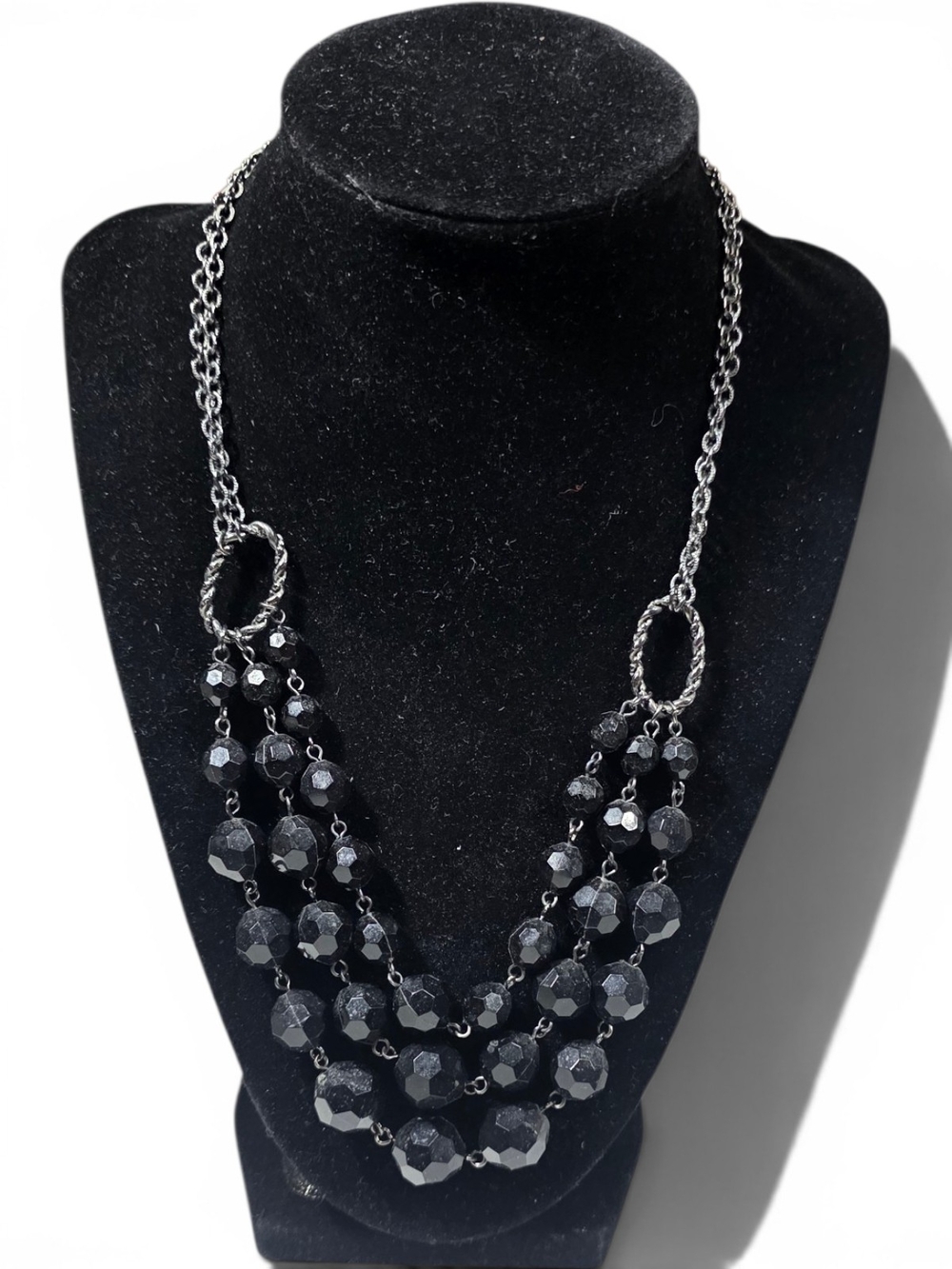 Triple Strand Black Faceted Bead Statement Necklace 16 Inch
